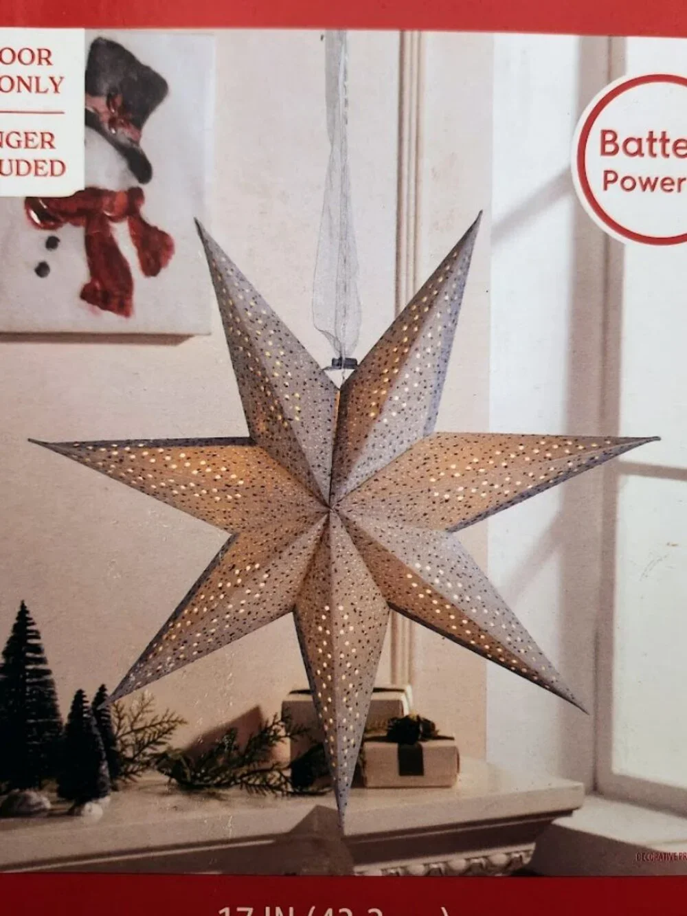 NEW Light Up Battery Operated Flocked Star Christmas Hanging Decoration Decor Ho